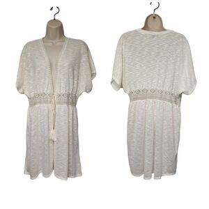 Almost Famous V-Neck Kimono Short Sleeve Tie Waist Lace Accent Cardigan Cream XL